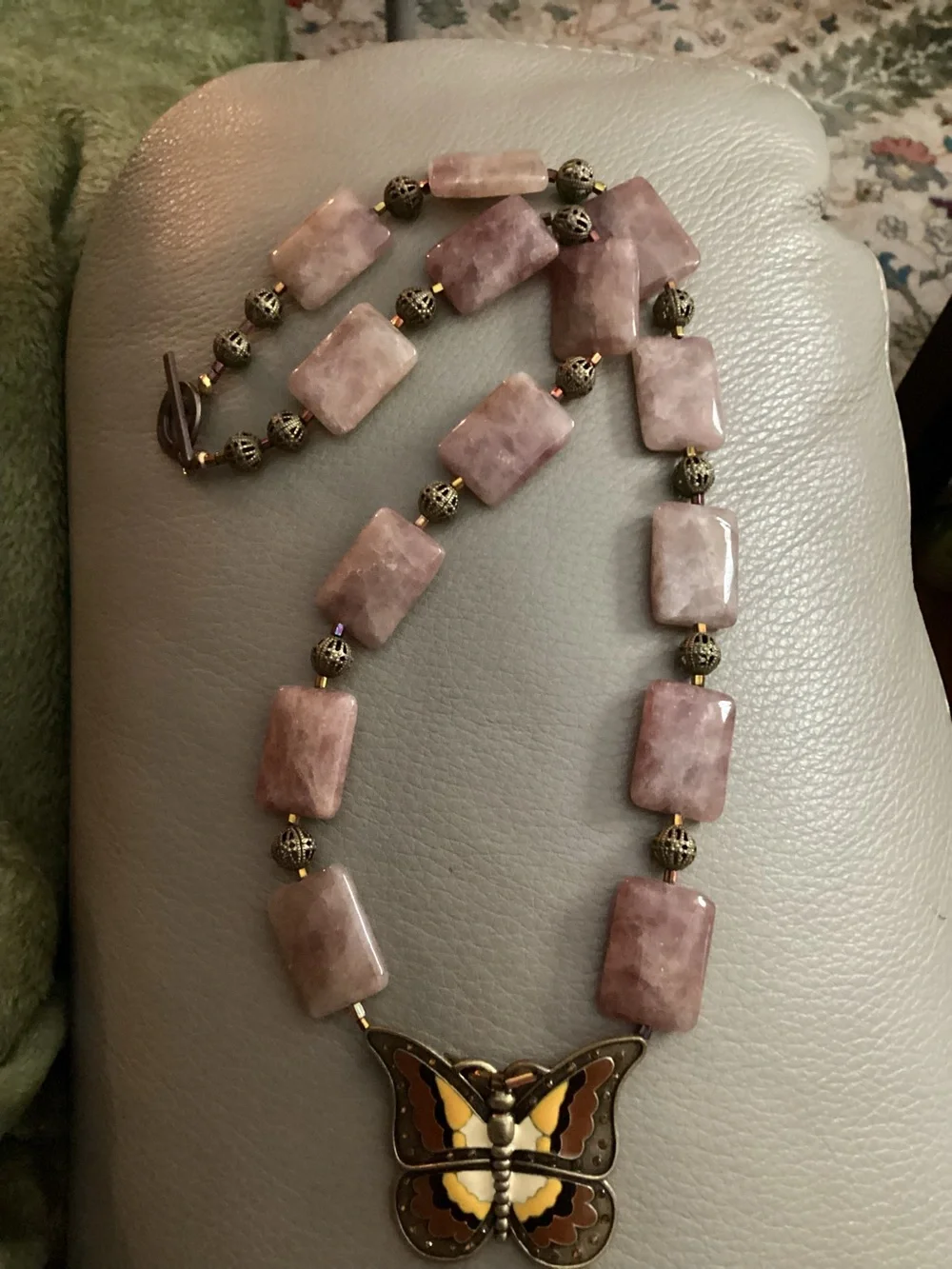 Large Strawberry Quartz Necklace with Butterfly Pendant